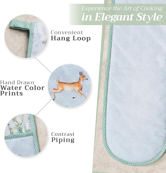 Maison d' Hermine Double Oven Mitt (7" x 35") 100% Cotton Heat Resistant BBQ Cooking Gloves with Loop for Thanksgiving Christmas Decorations Baking Cooking Barbeque Handling Hot Pan (Snowy World)