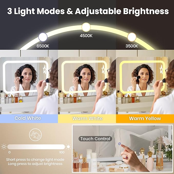 Pamapic 8 Drawers Vanity Desk with Mirror and Lights,Makeup Vanity with Power Outlet, 15 Storage Dresser with Mirror, Adjustable Width, Golden Handles Dressing Table, White