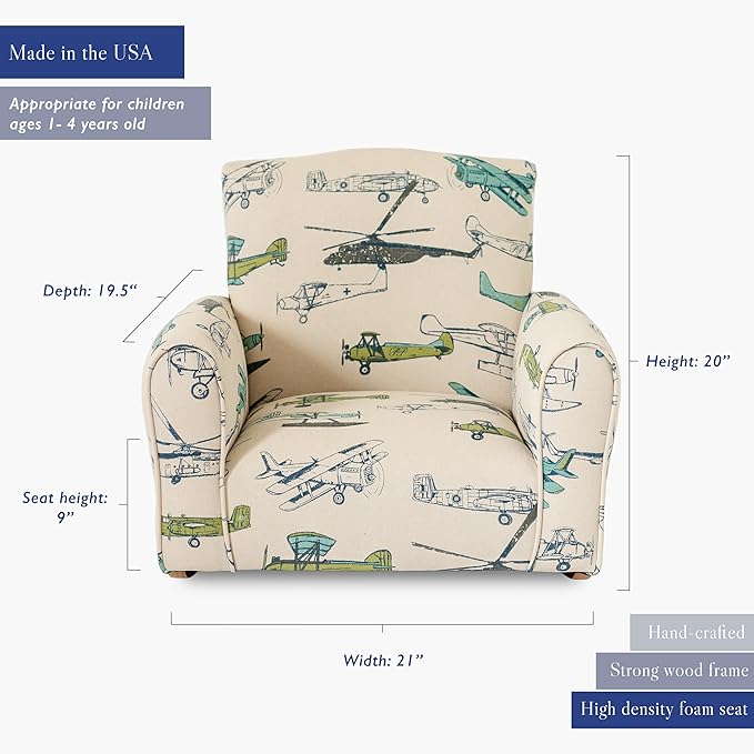 Toddler Personalized Armchair, Kids Upholstered Rocking Chair with Personalization, Toddler Chair with Personalized Name, Comfy Child Armchair, (Airplanes Print, Rockers)