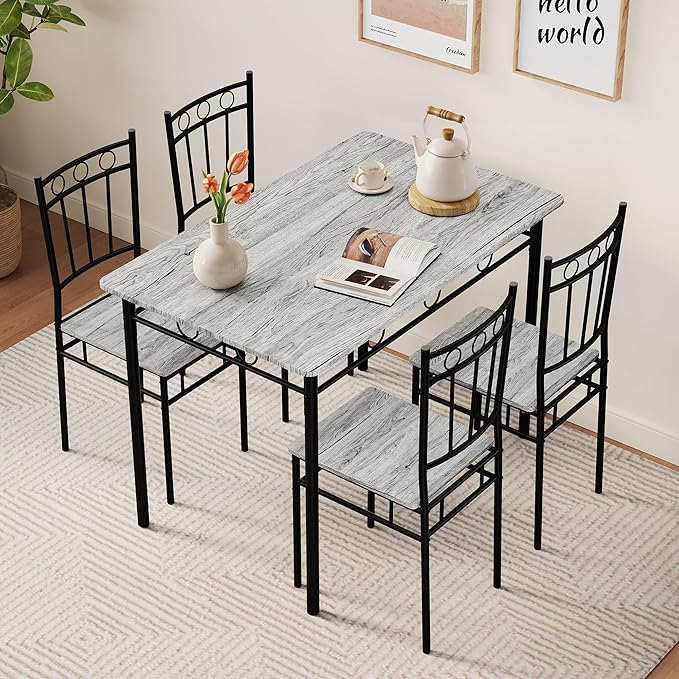 Kitchen Dining Table Set for 4, 5-Piece Kitchen Table Set,Dining Room Table Sets,Rectangular Kitchen Table Set with 4 Chairs for Small Space, Dinette,Apartment,Rustic Grey