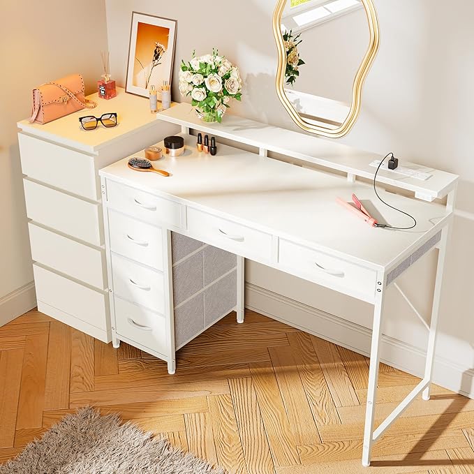 Huuger Gaming Desk with 6 Drawers, Computer Desk with LED Lights Power Outlets and Type-C, 39 Inch Office Desk with Storage, Monitor Stand, Writing Desk Work Desk Home Office, Bedroom, Study, White
