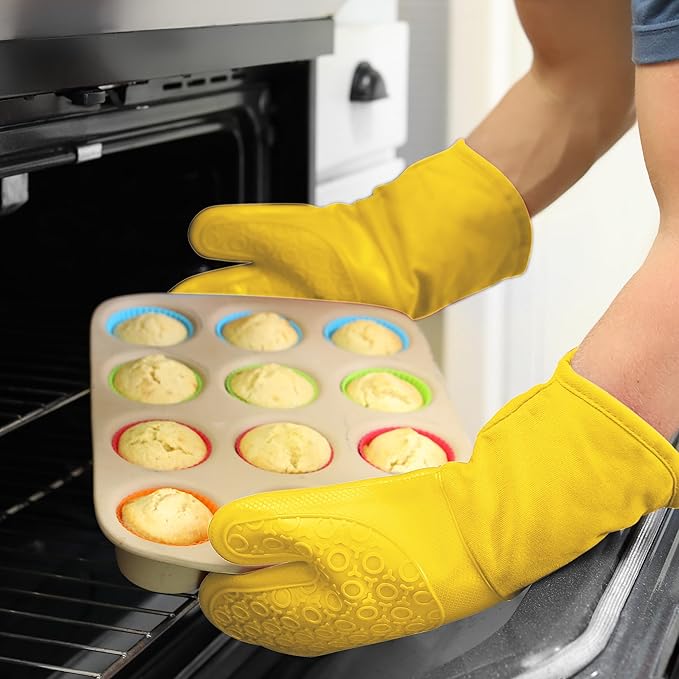 BPA-Free Soft Silicone Oven Mitts - Ultra Heat Resistant Oven Mitts with Thick Cotton Liner - Long Slip Resistant Pot Holders, Flexible Oven Gloves - Yellow 13.7"