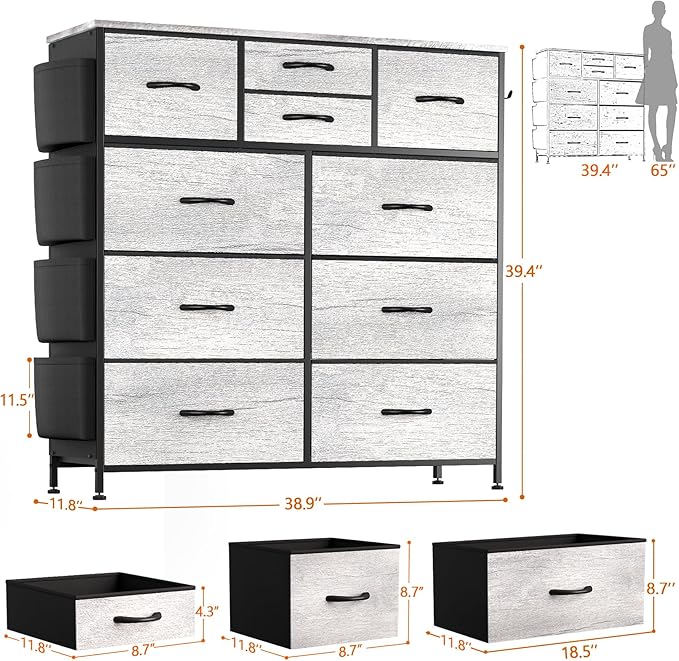 10 Drawer Dresser, Chest of Drawers for Bedroom, Fabric Dresser Drawers with Side Pockets, Hooks, Wooden Top and Sturdy Metal Frame for Living Room, Closet, Hallway (Oak Gray)
