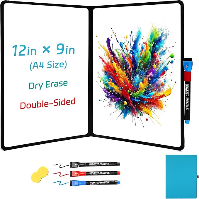 Double-Sided Whiteboard - Portable, 12" x 9" Dry Erase Boards with 3 Markers, Eraser and Stylish Red Elastic Pen Tray for Office, Education and Home (Double-A4 Blue)