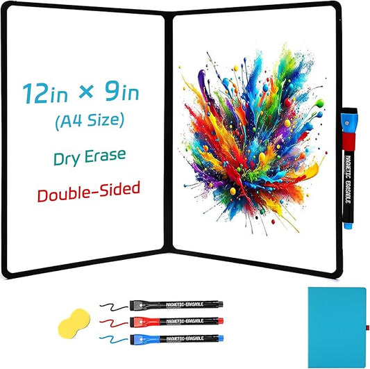 Double-Sided Whiteboard - Portable, 12" x 9" Dry Erase Boards with 3 Markers, Eraser and Stylish Red Elastic Pen Tray for Office, Education and Home (Double-A4 Blue)