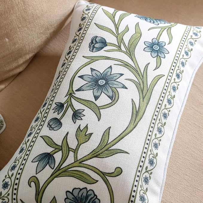 Design Fresh Linen Lumbar Throw Pillow Covers 12"x20" Pack of 2, French White Cottage Cushion Covers with Green Branches Pattern Decoration Pillowcases for Bed,Living Room,Outdoor,Car