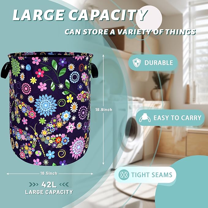 Colorful Hippie Flowers Dargonfly Laundry Basket Foldable Oxford Cloth Laundry Hamper With Handle Portable Clothes Storage Basket 18.9 X 16.5 Inch Storage Bag For Laundry Room/Bathroom/Bedroom