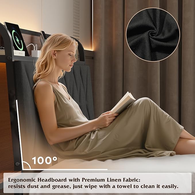 WLIVE Full Upholstered Bed Frame with 2 Side Shelves, Linen Tufted Storage Headboard with Charging Ports and LED Light, Metal Solid and Stable, No Box Spring Needed, Easy Assembly, Brown