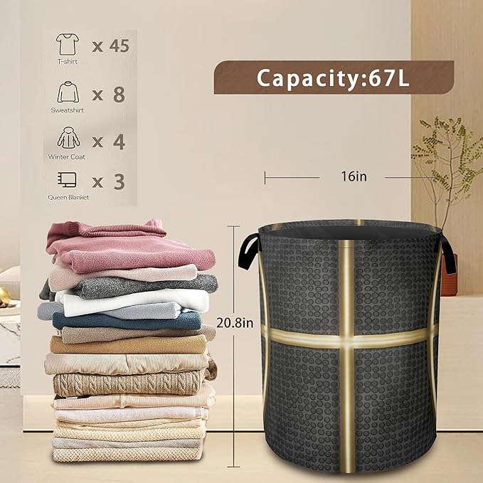 Large Laundry Basket,Black Basketball Collapsible Laundry Baskets,Golden Lines Waterproof Oxford Hamper with Handles for Bathroom Bedroom Nursery Home Storage 16"x20"