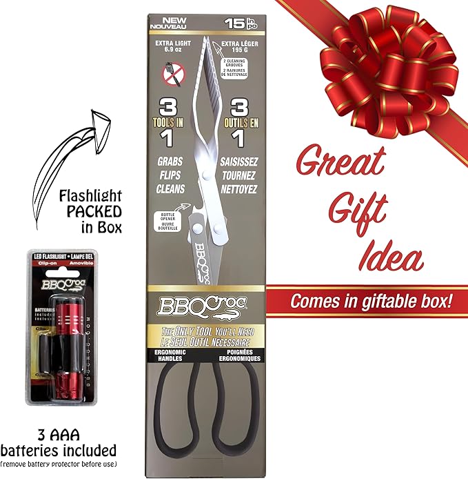 BBQ Croc 3 in 1 Barbecue Tool 15-inch with Flashlight - Extra Light Tongs, Spatula and Grill Scraper (Green)