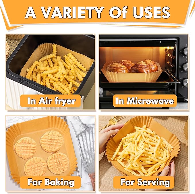 Air Fryer Liners Disposable, 125PCS 8 Inch Greaseproof Air Fryer Liners, Square Unbleached Parchment paper, Non-stick Airfryer Liners for 5-8QT Air fryer, Baking, Roasting Microwave