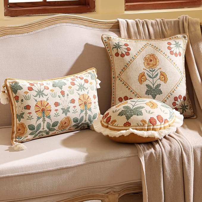 patdrea Designer Throw Pillow Covers for Couch 12"x20",Vintage French Soft Linen Pillows Cover with Beige Daisy Floral Pattern,Farmhouse Decorative Cushion for Bed,Living Room,Outdoor,Set of 2
