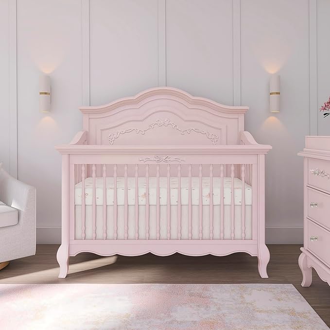 évolur Aurora 5-in-1 Convertible Full-Size Baby Crib in Dusty Rose, GreenGuard Gold & JPMA, 3 Mattress Heights, Ribbon Bow Scrollwork & Queen Anne Feet, Converts to Toddler, Day & Full-Size Bed