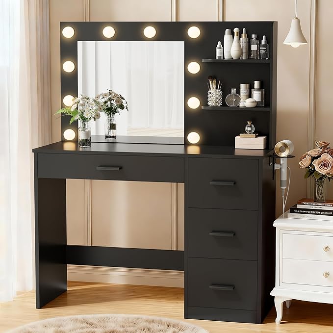 YESHOMY Vanity Desk with Mirror, 10 Lights, Power Outlet and 3 Storage Shelves, Makeup Table with 4 Drawers, 3 Color Modes, for Bedroom, Pure Black