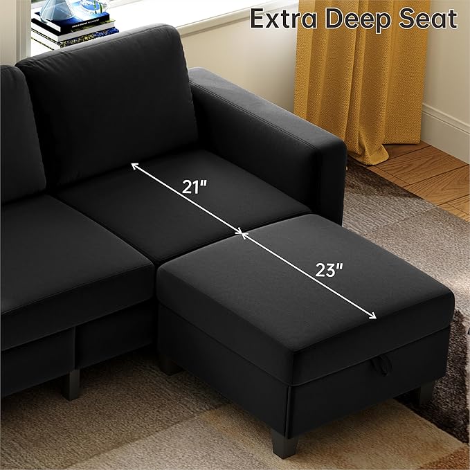 Sectional Sofa Couches for Living Room - Black 3 Seat L-Shaped Couch with Storage Ottoman, Comfy Velvet Convertible Sectionals Sofas with Chaise for Apartment, Office, Small Space