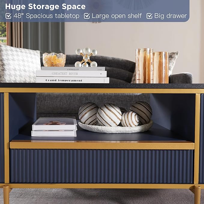 OKD Modern Luxury Fluted Coffee Table, 48" Oval Coffee Table with Drawer, Faux Marble Top, Curved Profile Design, Gold Metal Decor, Center Table for Living Room, Navy Blue