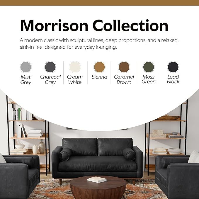 SIMPLIHOME Morrison 72-inch Wide Sofa in Lead Black Genuine Leather, Mid-Century Modern-Style Loveseat for Living Room, Single Bench Cushion, Removable Back Cushions, 2 Bolster Pillows