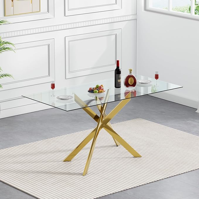 Rectangular Glass Dining Table, Tempered Glass Tabletop and Metal Legs, Modern Style Glass Kitchen Table for Home, Kitchen, Dining Room (Gold, 52'')