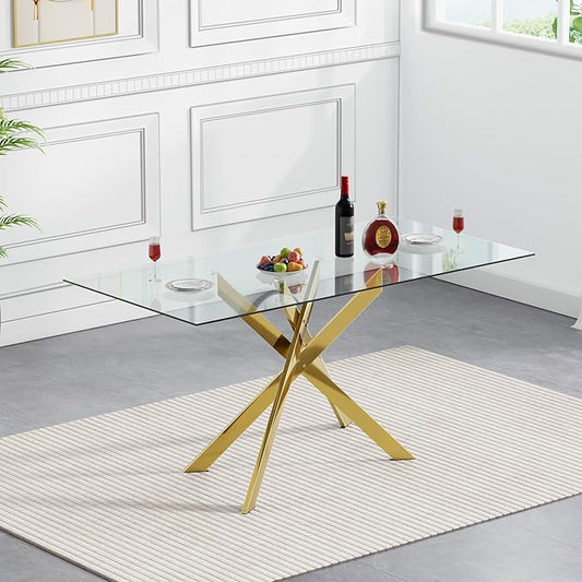 Rectangular Glass Dining Table, Tempered Glass Tabletop and Metal Legs, Modern Style Glass Kitchen Table for Home, Kitchen, Dining Room (Gold, 52'')