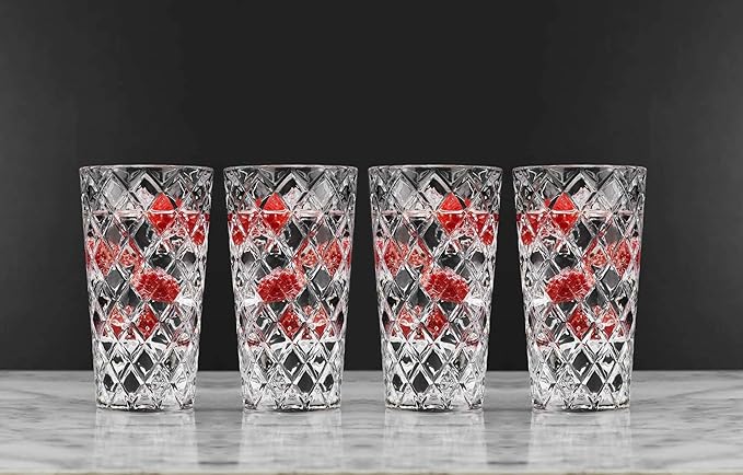 Glaver's Drinking Glasses Set of 4. Tall Highball Glasses. 14oz. Textured Diamond Cut Elegant Drinking Glass Cups - Kitchen Glassware for Water, Iced Tea, Juice, Cocktail.