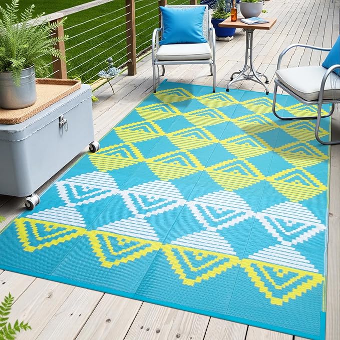 Beeiva Outdoor Rug Waterproof for Patio 6x9, Reversible Plastic Straw Mat for Camping, Modern Geometric Outside Rugs for Rv, Deck, Porch, Picnic, Beach, Balcony - Blue & Yellow