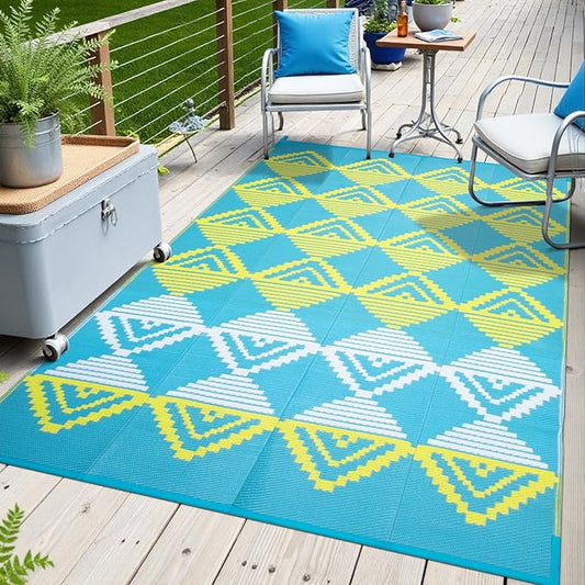 Beeiva Outdoor Rug Waterproof for Patio 6x9, Reversible Plastic Straw Mat for Camping, Modern Geometric Outside Rugs for Rv, Deck, Porch, Picnic, Beach, Balcony - Blue & Yellow