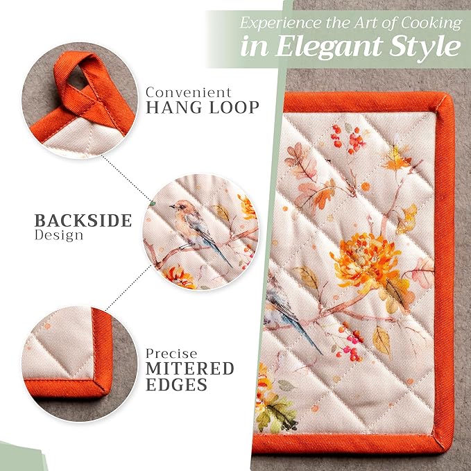 Maison d' Hermine Pot Holders Set 100% Cotton Heat Resistant Potholders 8" x 8" Hot Pads with Loop for Thanksgiving Christmas Decorations BBQ Baking Handling Hot Pans (Pack of 2, Kelim - Prairie)