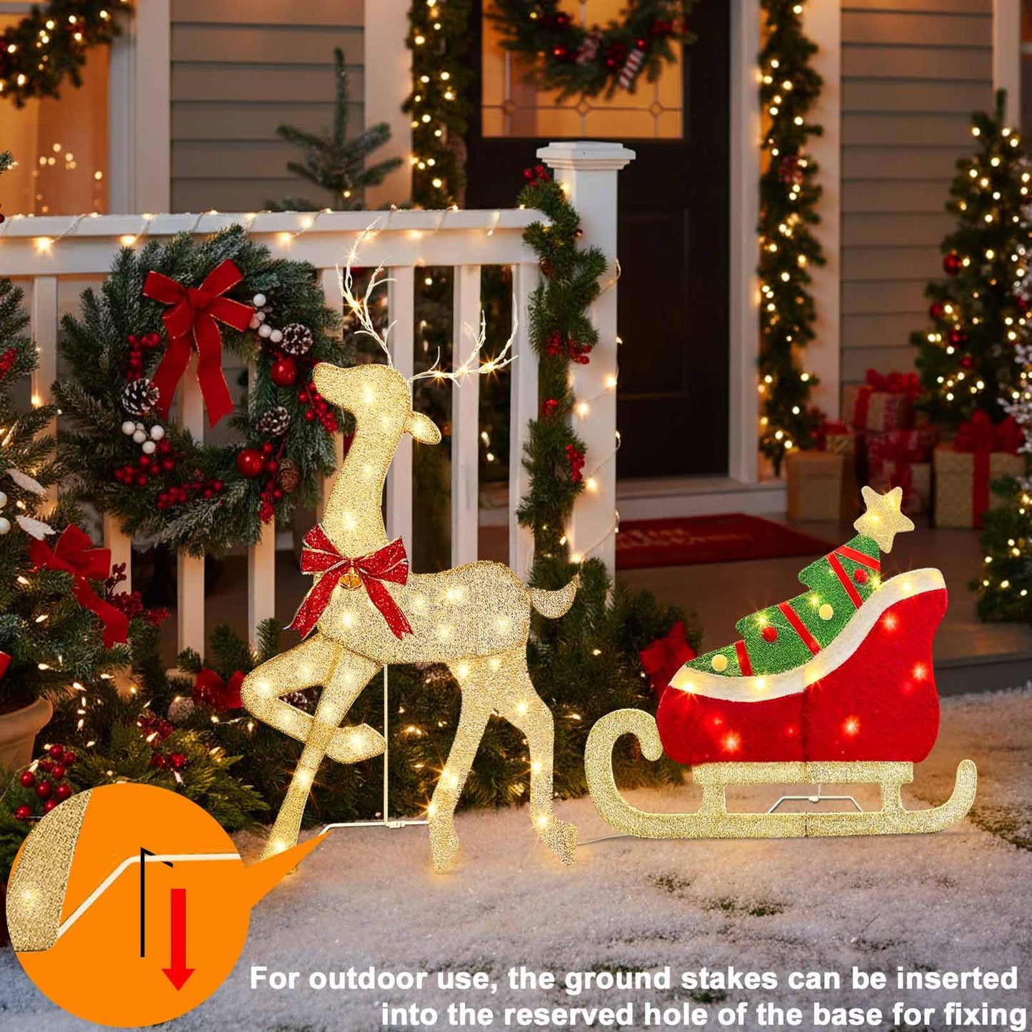 EAMBRITE Christmas Decorations Outdoor, 42 Inch Christmas Reindeer & Sled with 117 Warm White Lights, Motion Sensor 2D Music Lighted Deer Christmas Decor for Xmas Tree Lawn Porch Garden