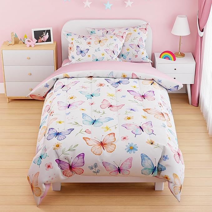 SANDJEST Butterfly Duvet Cover Sets Twin Size for Kids Girls, Include 1 Polyester Comforter Cover 68x86 Inches and 1 Pillowcase 20x26 Inches, Comforter Not Included, Gift for Christmas Birthday