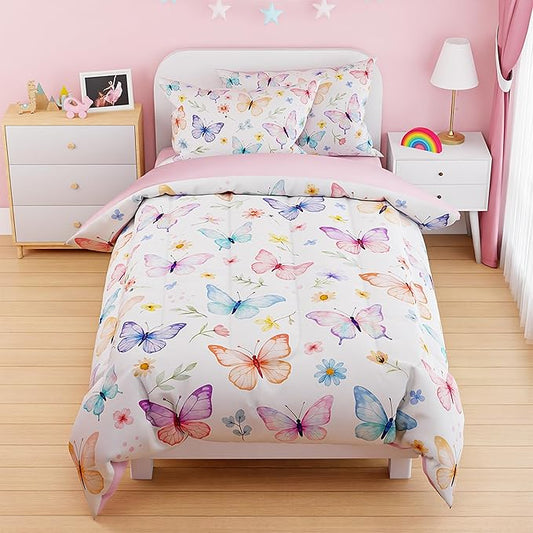 SANDJEST Butterfly Duvet Cover Sets Twin Size for Kids Girls, Include 1 Polyester Comforter Cover 68x86 Inches and 1 Pillowcase 20x26 Inches, Comforter Not Included, Gift for Christmas Birthday