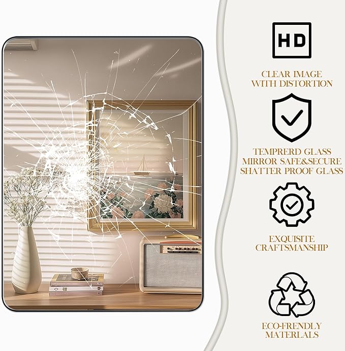 48×36 Black Bathroom Mirror, Rectangular Bathroom Vanity Mirror for Wall with Rounded Corners & Aluminum Alloy Frame, Tempered-Glass, Modern, Farmhouse, Horizontal/Vertical, Entryway, Bedroom