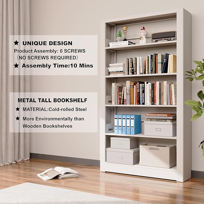 69” Tall Metal Bookshelf,5-Tier Bookcase with Adjustable Storage Shelves,Floor Standing Unit,Heavy Duty Bookcase for Home Office, Living Room, Bed Room,White Display Shelves,H69*W36*D11.8 Inch