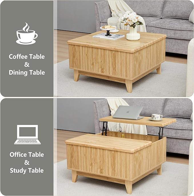 Lift Top Coffee Table, Square Coffee Table with Hidden Storage Compartment, Farmhouse Wood Center Table Dining Table for Living Room, Bedroom, Home Office (Natural)