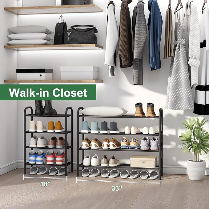 Long Shoe Rack, 4-Tier Expandable Metal Shoe Shelf, Shoe Rack for Closet, Entryway & Hallway