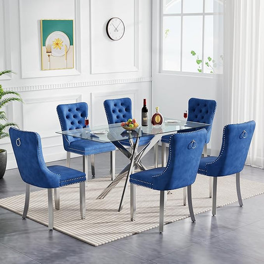 Goujxcy Glass Dining Table Set for 6, Modern Kitchen Table and Chairs Set of 6, 7-Piece Kitchen Dining Room Table Set w/51 Glass Metal Dining Table and 6 Blue Velvet Upholstered Chairs