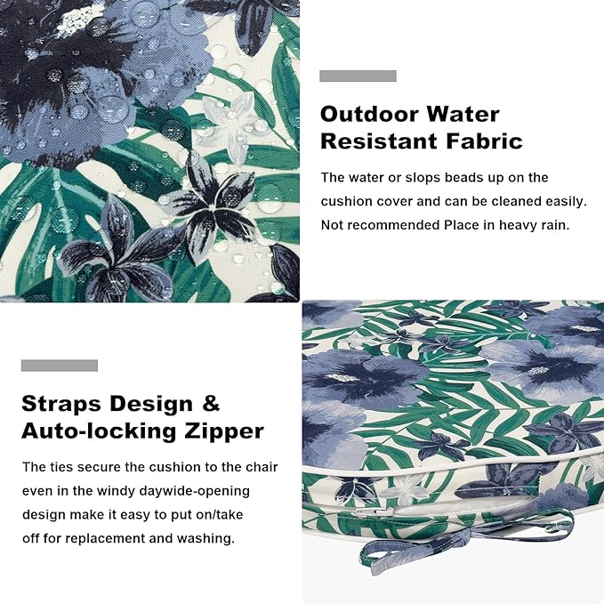 Set of 2 Outdoor Chair Cushions 19"x19"x2",Water Repellent Dining Seat Cushion with Ties and Removable Covers, Chair Cushions for Indoor and Patio Furniture, Blue Salmone Tropical