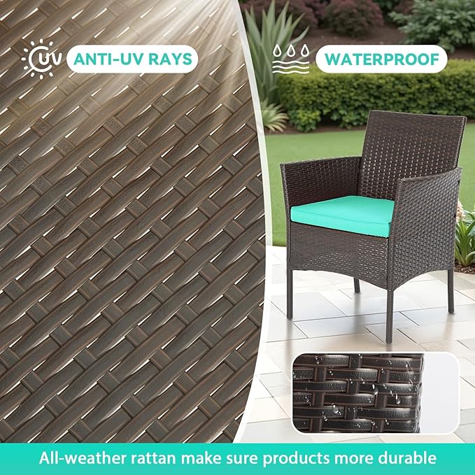 FDW Patio Furniture Set PE Rattan Patio Set Wicker Outdoor Furniture Bistro Set for Outdoor Indoor Use with Loveseats Coffee Table, Blue Cushions, 4 Pieces