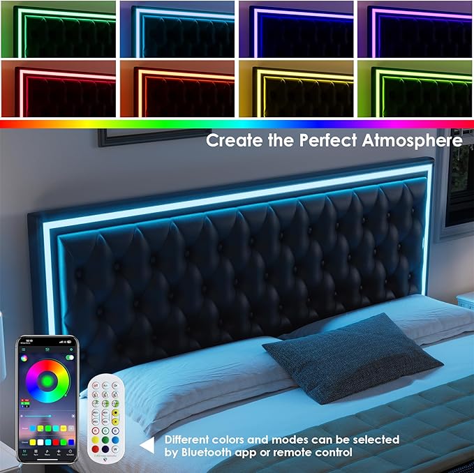 Keyluv Queen Upholstered LED Bed Frame with 4 Drawers, Pu Leather Platform Storage Bed with Adjustable Button Tufted Headboard and Solid Wooden Slats Support, No Box Spring Needed, Black