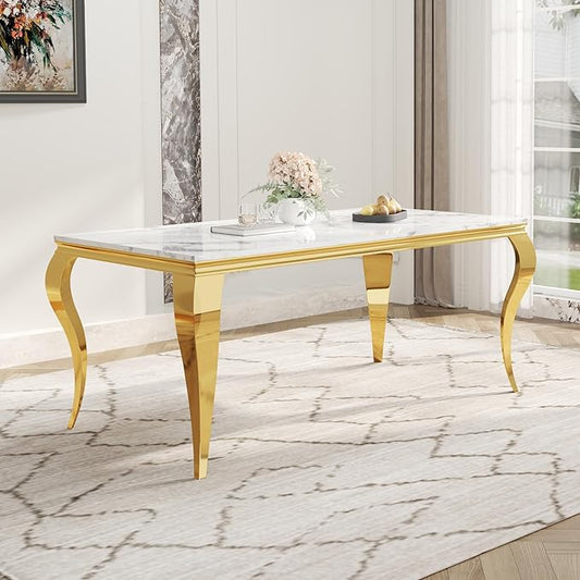 70" Large Marble Dining Table for 4-6 People, Modern Kitchen Table with Faux Marble top and Stainless Steel Legs, Perfect for Home Kitchen Living Room, White,Gold