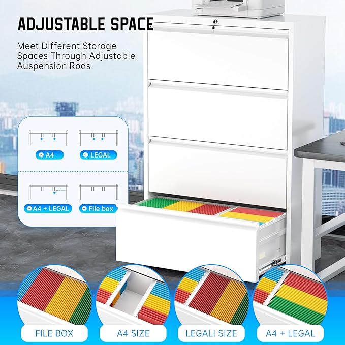 Greenvelly 4 Drawer File Cabinet with Lock, Lateral Filing Cabinets for Home Office, Lockable Metal Lateral File Cabinet, Wide Office File Cabinets with Hanging Files&Key for Letter/Legal/F4/A4