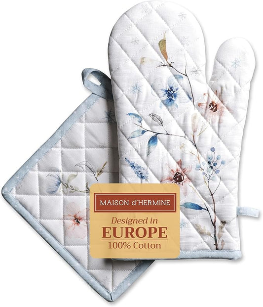 Maison d' Hermine 100% Cotton Oven Mitt & Pot Holder Set (7.5"x13" & 8"x8") Heat Resistant BBQ Cooking Gloves with Loop for Thanksgiving Christmas Decorations Handling Hot Pans (Ice Florals)