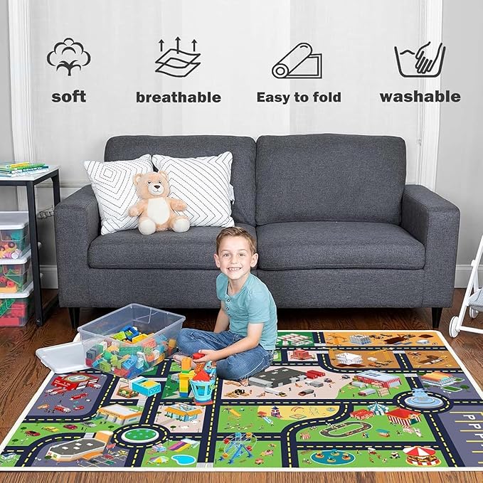 Kids Rug Playroom Car Rug Play Mat City Life Road Rug for Cars Fun City Map for Track Toys,Carpet for Bedroom Boys (city01, 3.3×4.9ft/39×59in)