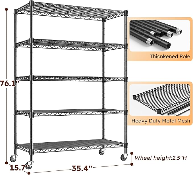 REIBII 76.1" H Storage Shelves Wire Shelving Unit Loads 1653 LBS, Metal Shelving with Wheels & Feet, 5 Tier Adjustable Metal Dorm Storage Shelves for Pantry Kitchen, Garage, Back to School Supplies