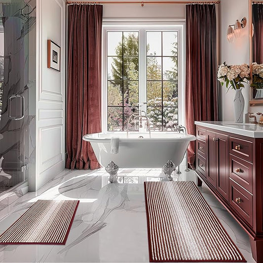 Bathroom Rugs and Mats Sets, 2 Piece Thick Absorbent Chenille Bath Mat Rug Set Non Slip, Soft Shaggy Bath Room Floor Mats for Bathroom, Machine Washable (Burgundy Red, 20" x 47" Plus 16" x 24")