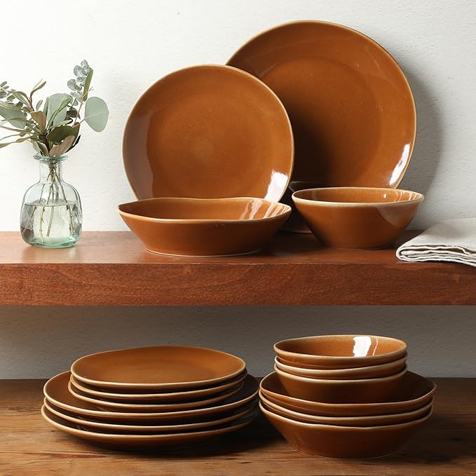 Bloomhouse Montecito Breeze 16 Piece (Service for 4) Double Plates and Bowls Stoneware Reactive Glaze Dinnerware Set - Terracotta Canyon