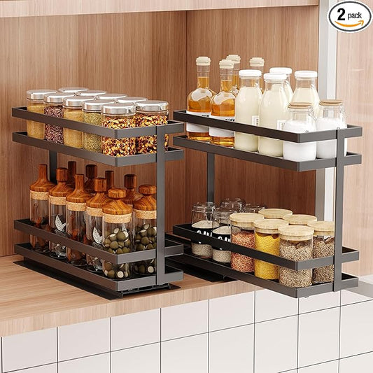 2 Pack Pull Out Spice Rack Organizer for Cabinet, 2 Tier Metal Slide Out Seasoning Organizer and Storage Heavy Duty Vertical Spice Rack Shelf Pullout for Kitchen Cabinets No Drilling (Black)