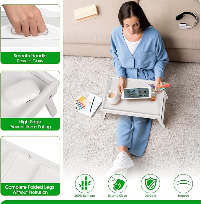 Bed Tray Table Folding Legs with Handles Breakfast Food Tray for Sofa,Bed,Eating,Drawing,Platters Serving Lap Desk Snack Tray (White Medium)