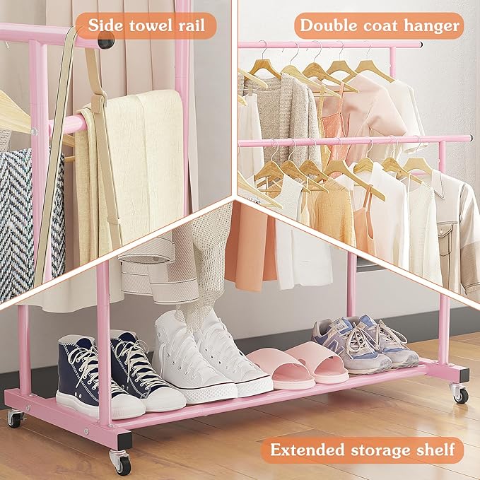 Calmootey Double Rod Clothing Garment Rack,Rolling Hanging Clothes Rack,Portable Clothes Organizer for Bedroom,Living Room,Clothing Store,Pink