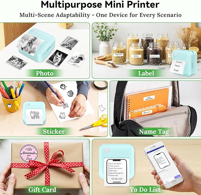 Label Maker Machine with Tape - 14 Sizes Mini Sticker Printer Bluetooth Label Printer for Home Office Organization, Portable Thermal Sticker Maker Print Pod with Multiple Templates for Phone