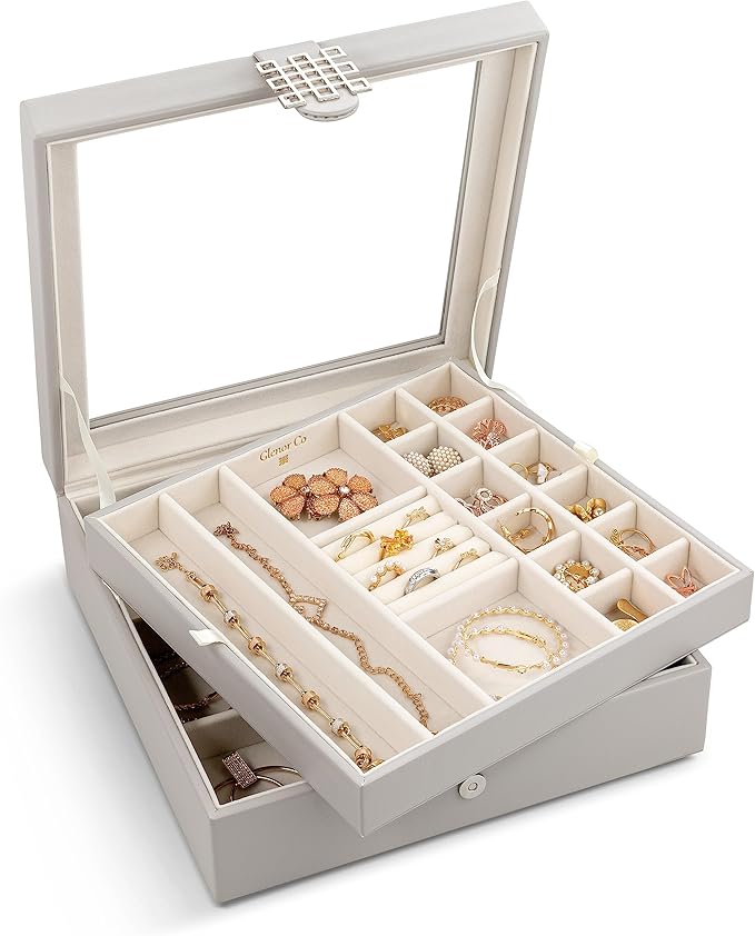 Co 28 Section Jewelry Box - 2 Layer - Buckle Snap & Magnet Closure - Large Glass Top - Leather Design - Grey - Jewelry Organizer for Women & Girls - for Earring Ring Necklace & Bracelet